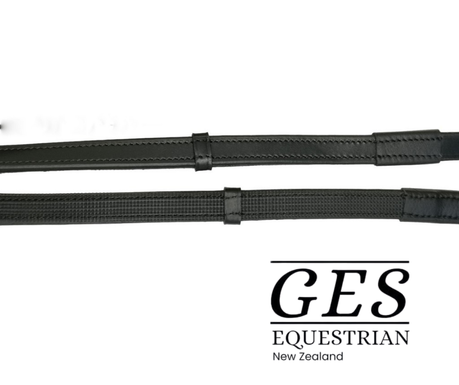GES Leather Reins With Rubber Grip Back- Black GES Equestrian