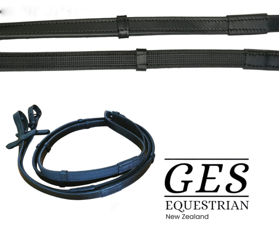 GES Leather Reins With Rubber Grip Back- Black GES Equestrian